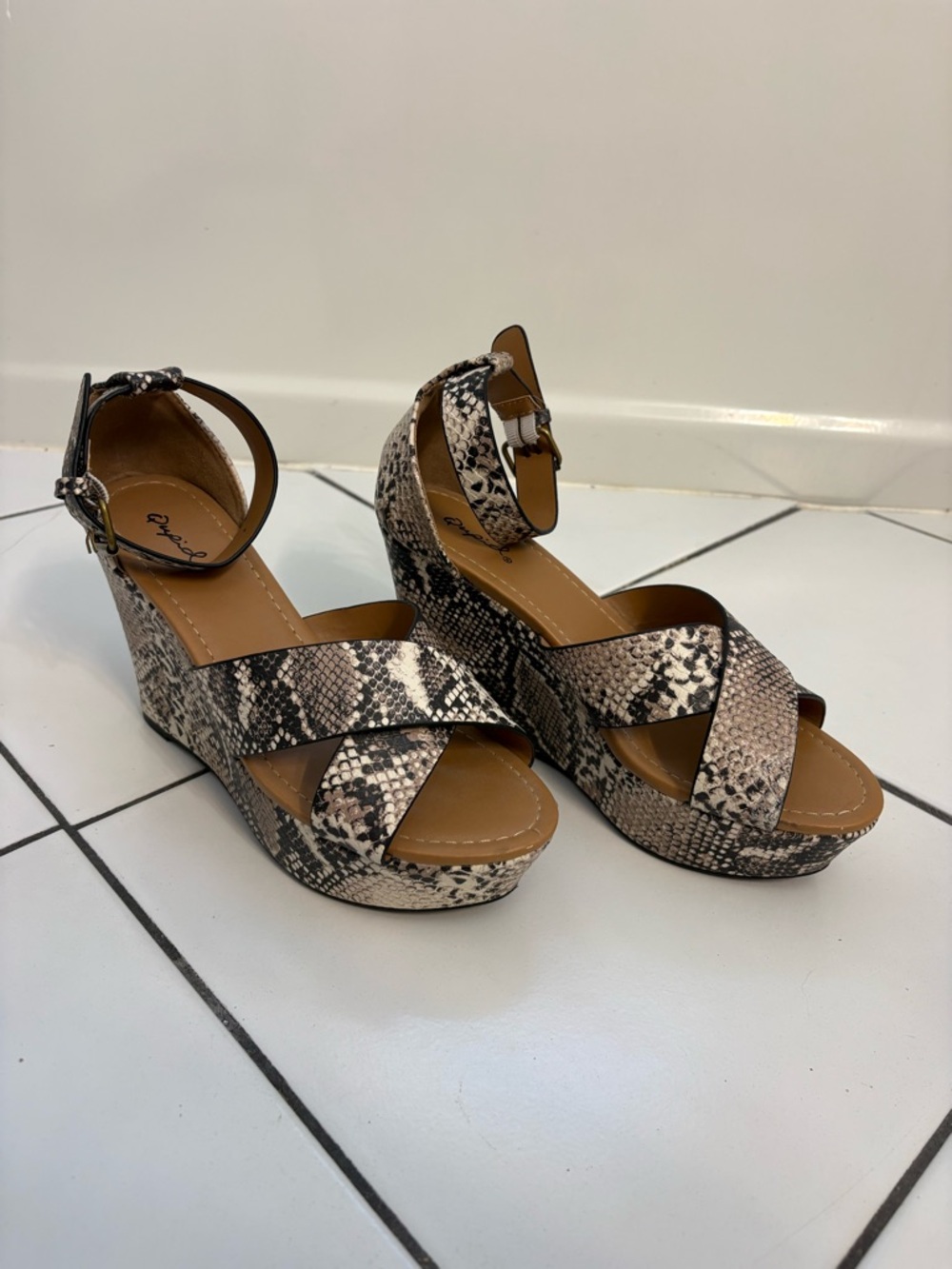 Qupid Snake-Print Platform Wedge Sandals with Ankle Strap